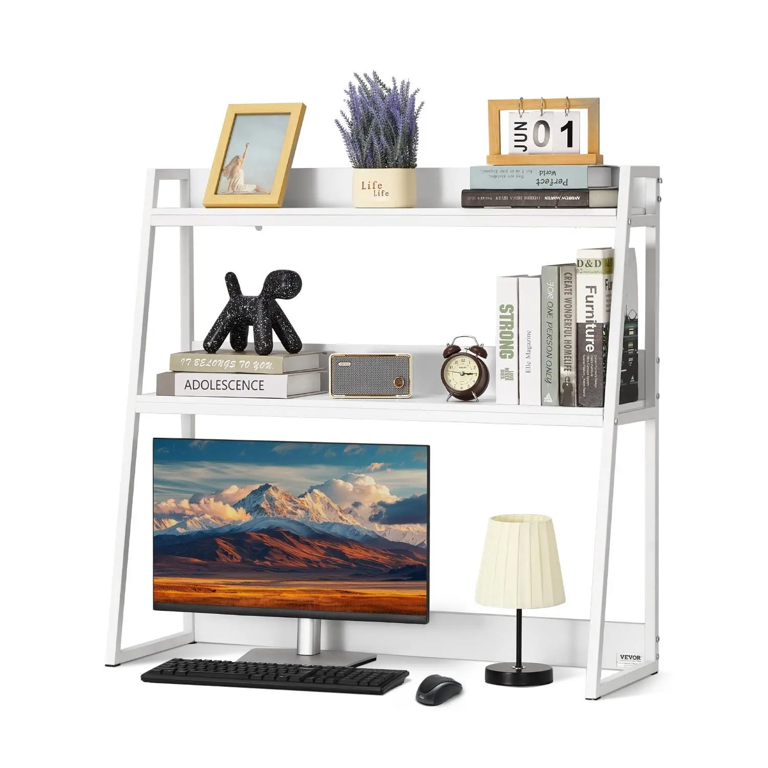 VEVOR Desktop Bookshelf, 2-Tier Desktop Storage Organizer, 37.4x 12.6x 35.4 Office Desk Storage Rack Display Shelf, Desktop Bookshelf Hutch with Anti-Slip Feet Pads, for Office, Home Dorm, White