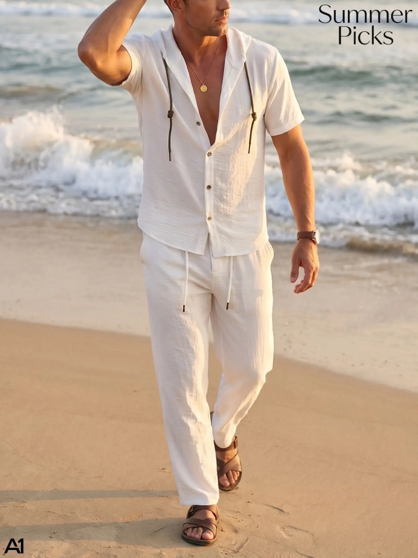 A1 Men's Summer 2 Piece Outfits, Seersucker Crinkle Horizontal Textured Short Sleeve Hooded Shirt & Drawstring Long Pants Casual Set, Breathable Beach Vacation Lounge Trousers