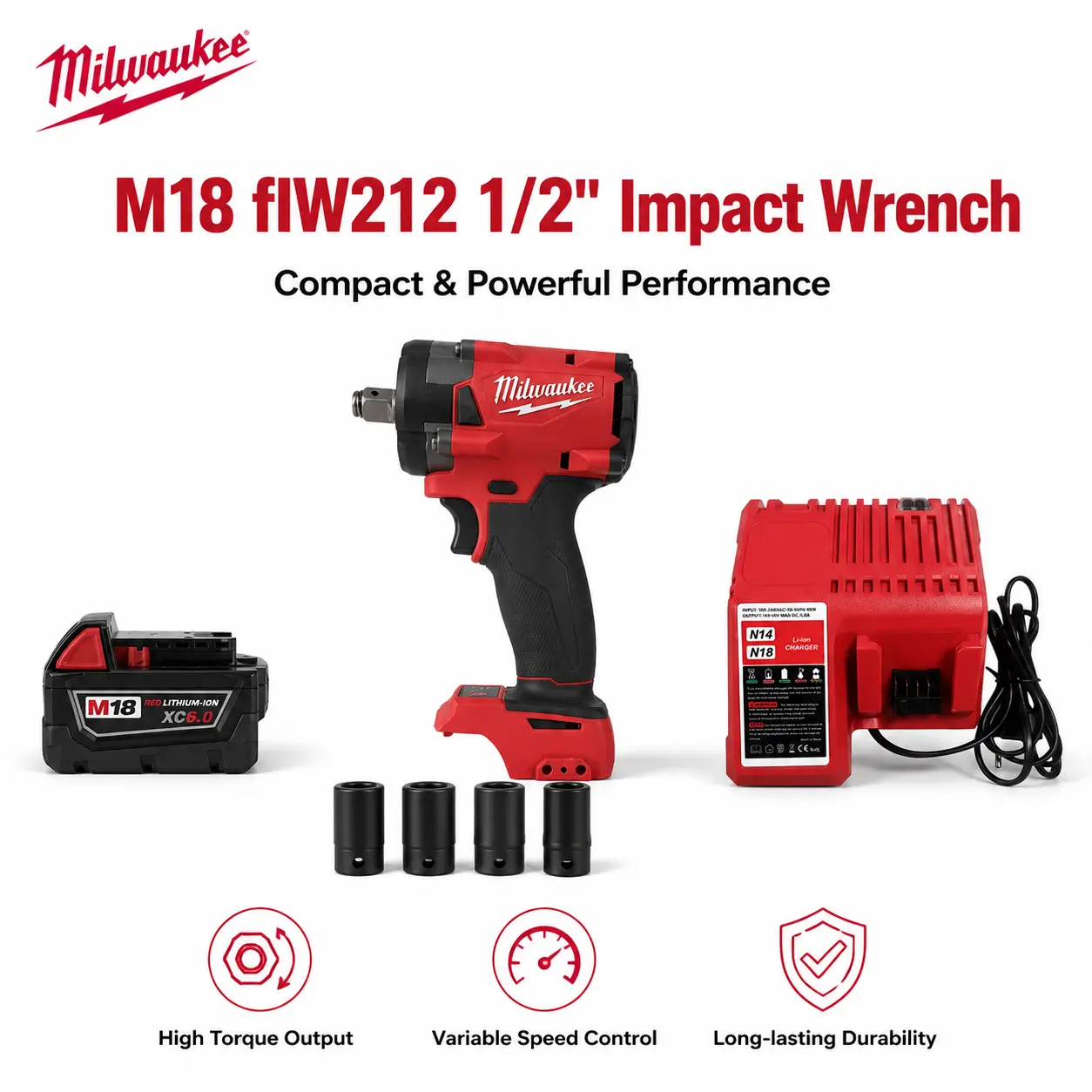 Milwaukee M18 FIW212 18V Cordless 1/2 Inch Compact Impact Wrench Kit for Industrial Equipment Maintenance, Power Fastening Device Features Auto Shut Off Mode Designed for M18 Bolt Drive Tasks