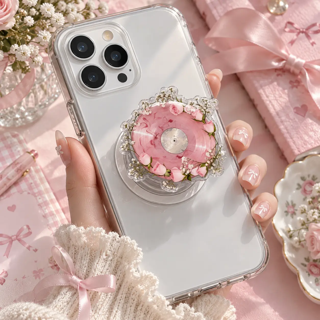 Pink Floral Vinyl Record Magnetic Phone Grip – Coquette Rose Acrylic Phone Stand, Romantic Music Lover Grip Holder, Girly Vintage Phone Accessory