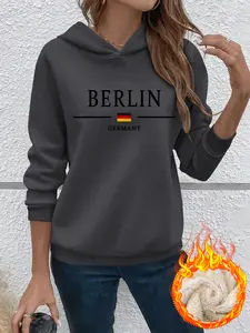 Women's Winter Warm Hooded Sweatshirt, Thick Lamb Velvet Pullover, Berlin Germany Print, Casual Fitted Style, Long Sleeve
