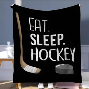 Hockey Themed Blanket, 1 Count Letter & Hockey Stick Pattern Soft Throw Blanket, Air-conditioned Room Blanket, Warm Nap Blanket for Home Office Travel, Slogan Print Blanket