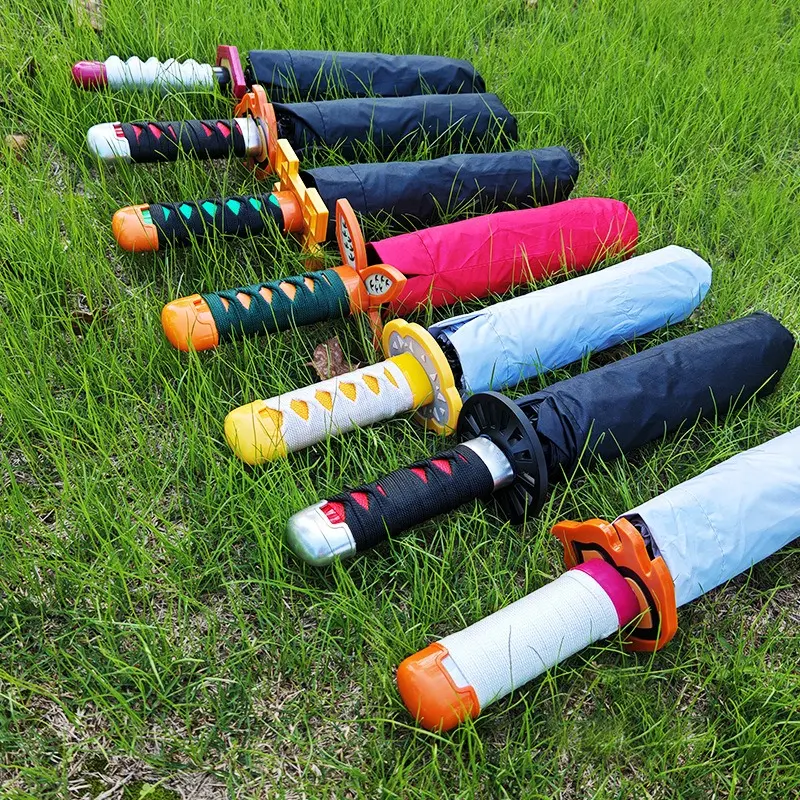 Anime Demon Slayer Katana Umbrella Samurai Sword Handle Folding Rain Umbrella Multi Character Color Designs Windproof Portable Cosplay Prop Sun Rain Protection Umbrella For Fans Gift
