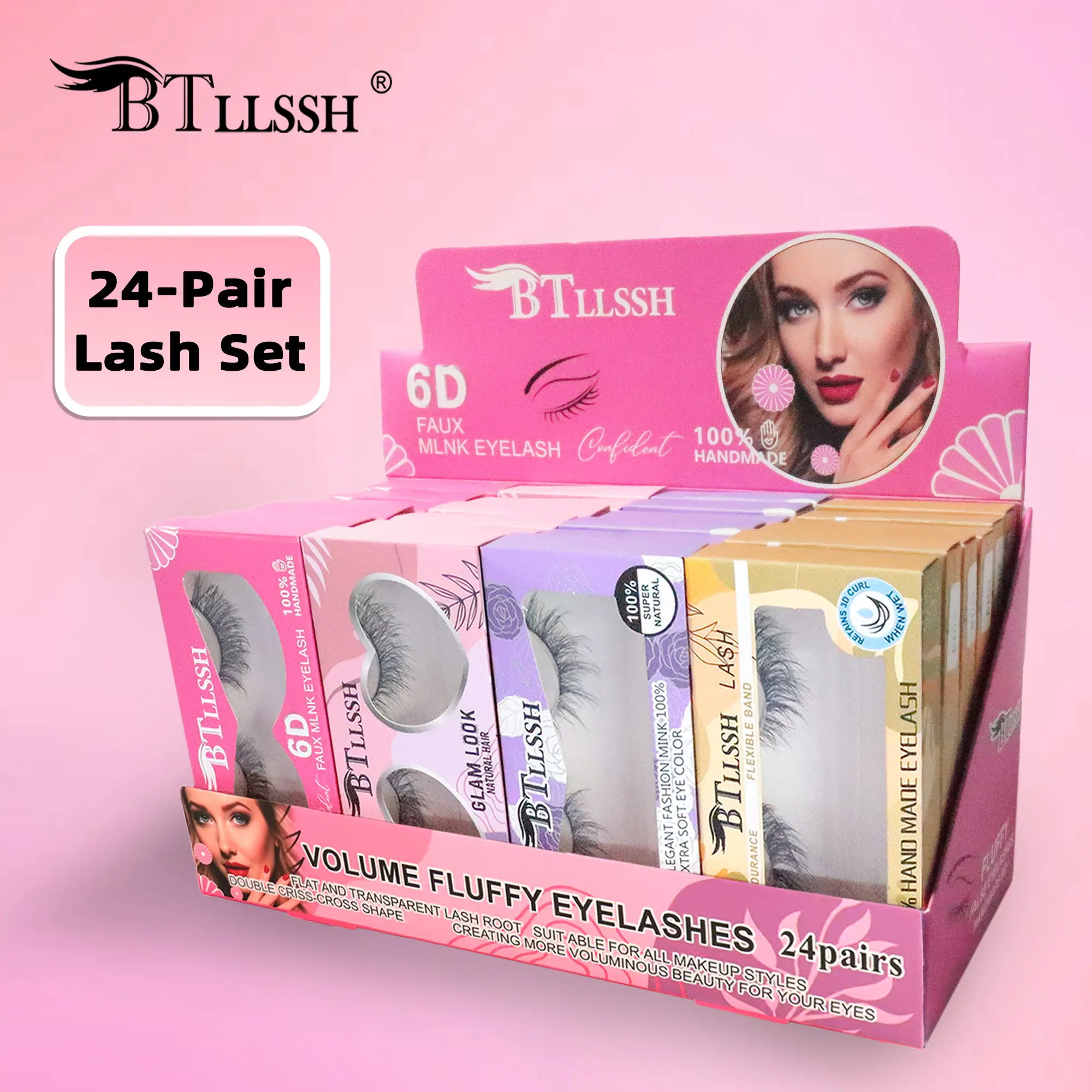 DWX 24 BTLLSSH 24 Pairs 6D Faux Mink False Eyelashes Display Box Set 15mm 16mm 18mm Volume Fluffy Strip Lashes Soft Reusable Fake Lashes For Makeup Beginners Daily Party Wedding Cosplay All Eye Shapes