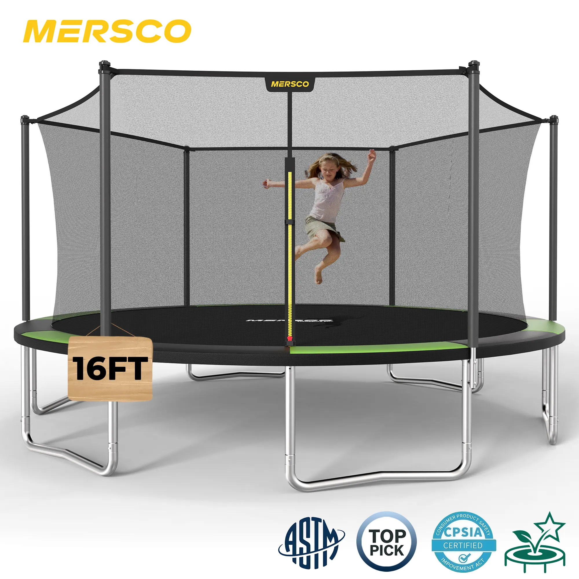 Mersco 16FT Unisex Outdoor Kids Trampoline - Galvanized Steel Heavy-Duty Backyard Play Equipment with Internal Safety Net for Family Activities