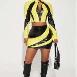 Yellow Jacket Two Piece Set - Long Sleeve Crop Top & Mini Skirt in Bold Yellow and Black Contrast