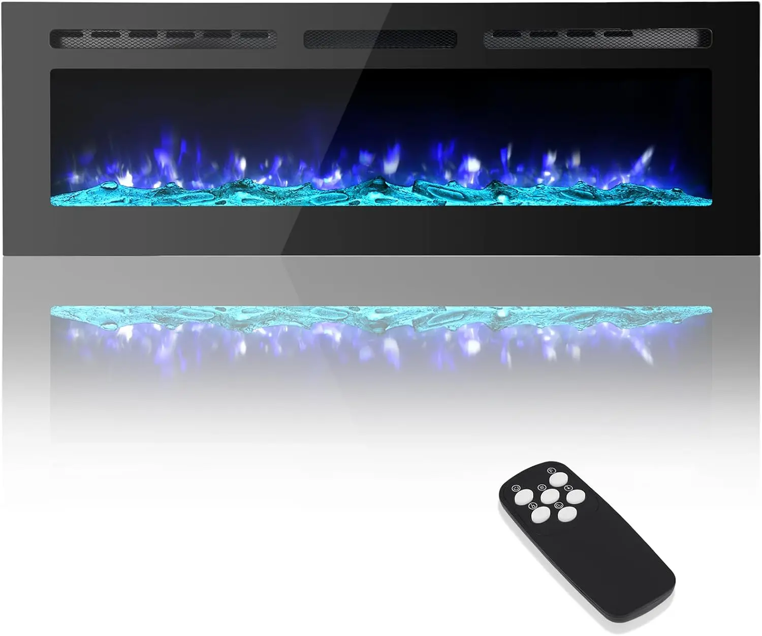 50-inch Ultra-Thin Electric Fireplace Heater - Wall Mounted & Recessed, Remote Control, 750/1500W, Timer, Custom Flame Colors, Adjustable Brightness, Log & Crystal Set for Modern Bedroom, Children-Safe Home Furniture