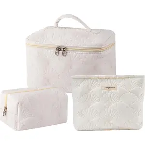 3 count Quilted Cotton  Makeup bag, Coastal Granddaughter Aesthetic  Bag, Cute Seashell Portable Travel Toiletry Pouch (08 3 count White)