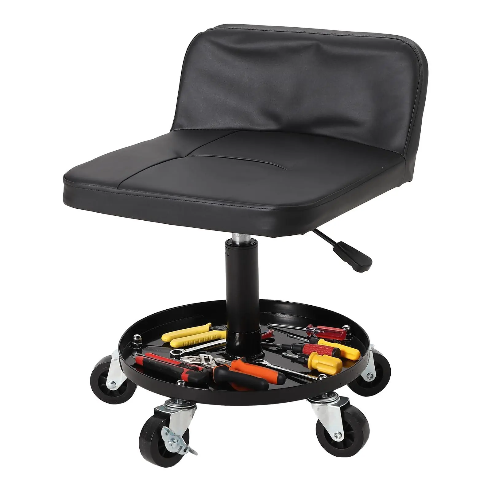 Rolling Shop Stool w/ 3" Locking Swivel Wheels, 300LB Capacity, 18"-22" Height Adjustable with Soft Cushion & Tool Tray, Telescoping Mechanic Seat for Garage, Auto Repair, Heavy-Duty, Black