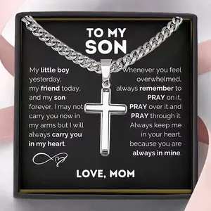 Premium Durable Stainless Steel Cross Necklace for Son with Engraved Message "Carry You in My Heart" Gift Box Included 49cm Cuban Link Chain
