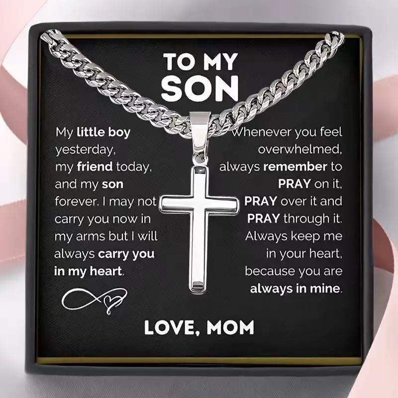 To My Son Cross Necklace from Mom Stainless Steel Cuban Link Chain with Engraved Pendant 49cm Perfect Birthday Graduation Gift for Him jesus christ crucifix