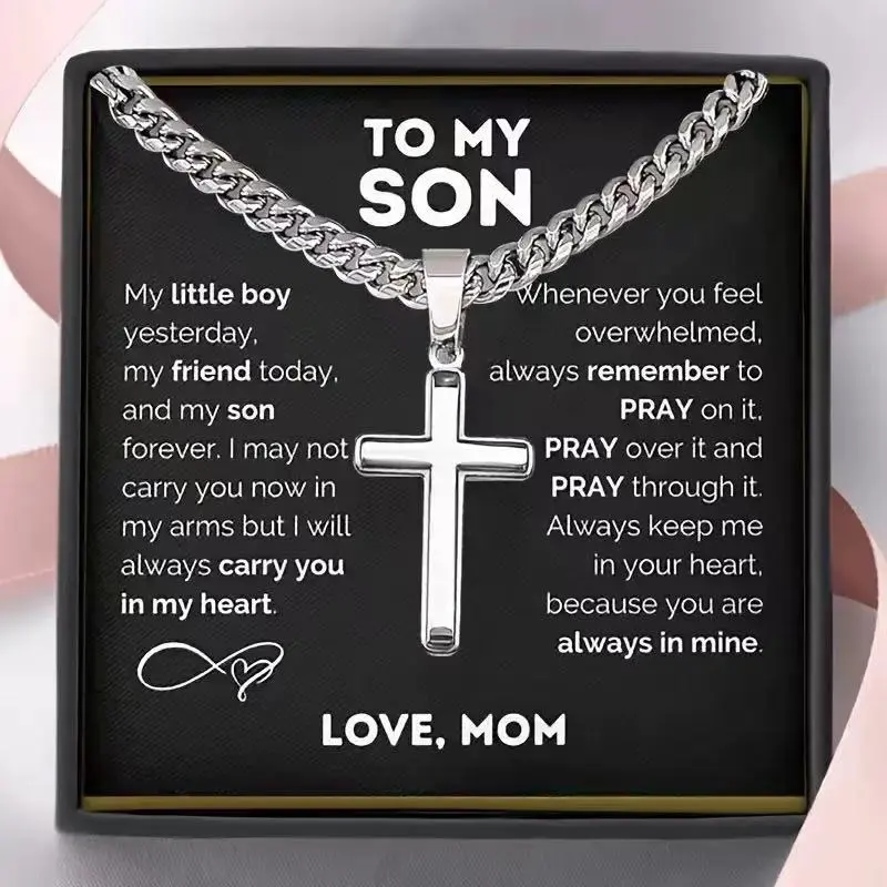 To My Son Cross Necklace from Mom Stainless Steel Cuban Link Chain with Engraved Pendant 49cm Perfect Birthday Graduation Gift for Him jesus christ crucifix