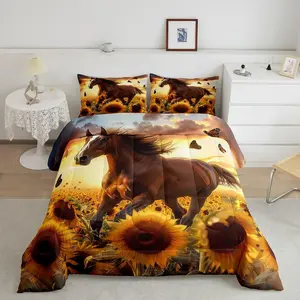 Feelyou Breathable Multi-Size Animal Print Horse Comforter Set - Galloping Horse & Sunflower Design, Bedroom Use Bedding for Teens, Cute Decor