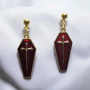 Red Coffin Earrings - Elegant Design with Cross Pendant and Gold Finish