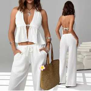 2026-2027-Women Striped Deep V-neck Crop Top Summer Sleeveless Backless Halter Neck Tank Top Beach Streetwear