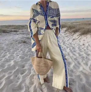New European and American creative fish pattern loose sportswear wide leg pants ocean style leisure suit