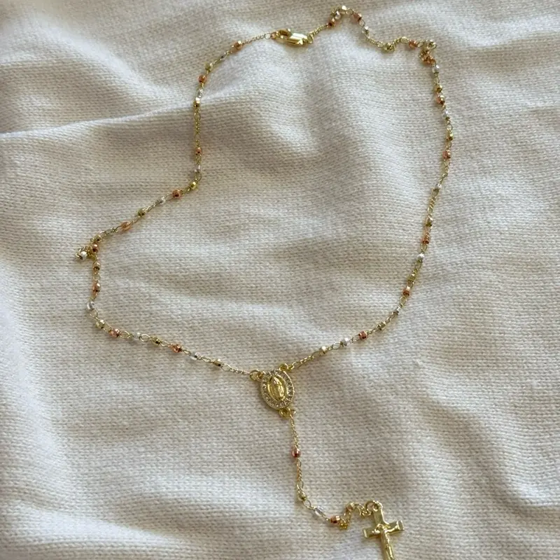Virgen de Guadalupe 3 Tone Rosary  - Gold, Pink, and White Plated Beads with Cross and Medallion