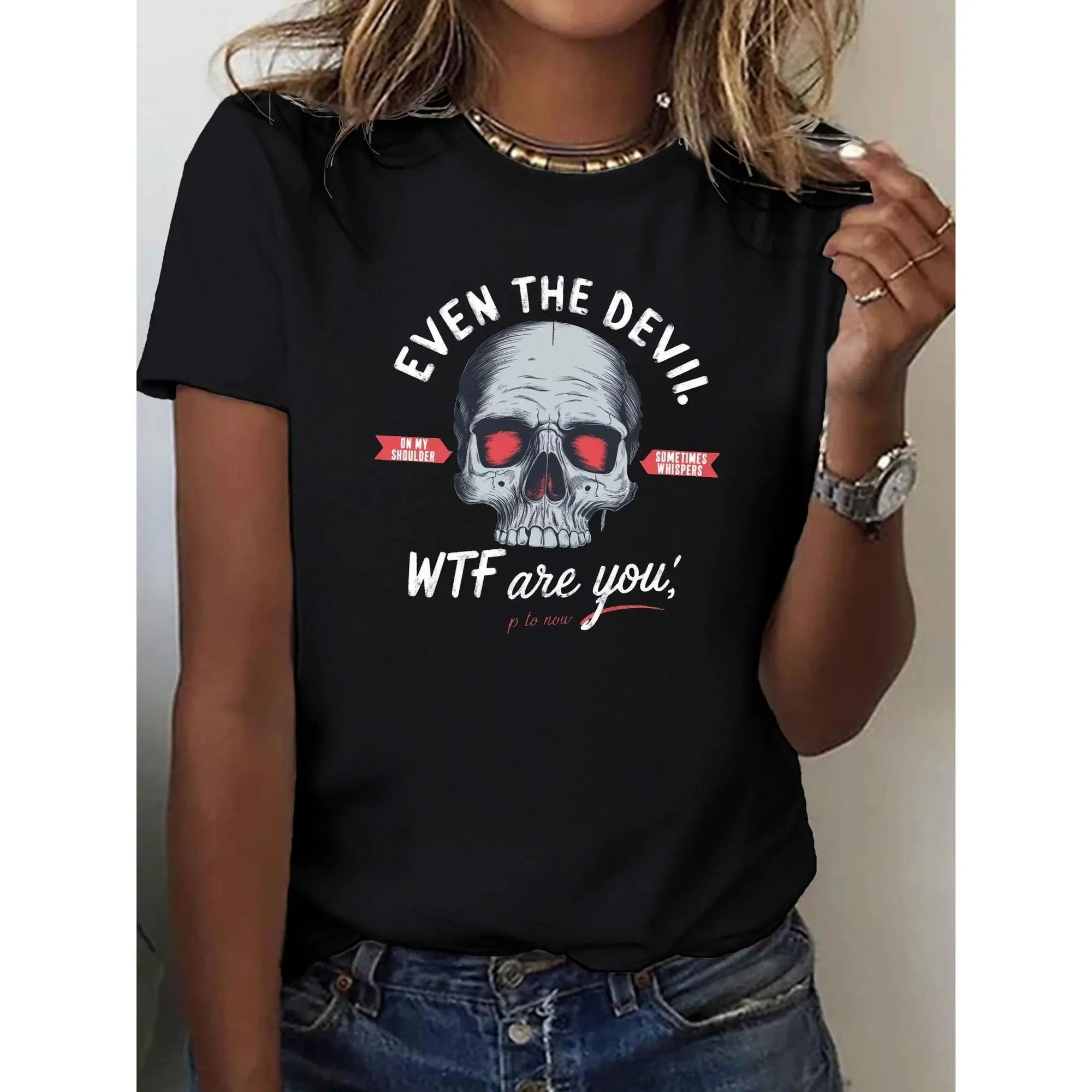 Women's 100% Cotton Casual Fitted Shortsleeve Crew Neck Graphic T-Shirt - "Even The Devil on My Shoulder" Print Top