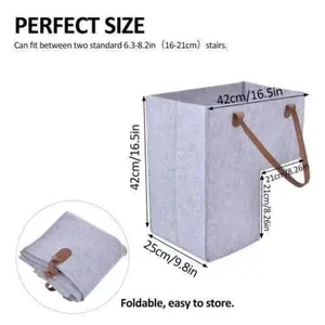 Large felt stair basket with faux leather handle, versatile storage solution for carpets and wooden stairs, foldable design with viewing window
