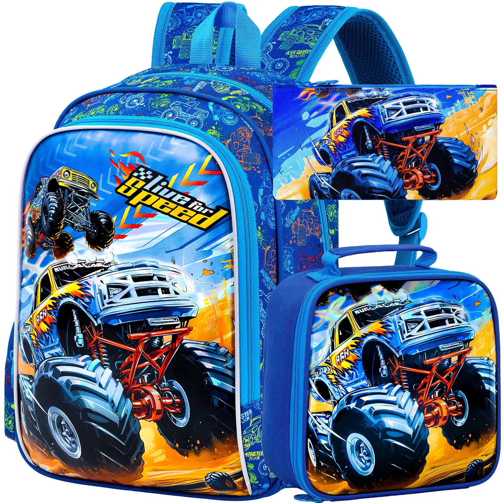 3PCS Boys Truck Backpack, Kids Car Bookbag with Lunch Box, Water Resistant School Bag for Elementary Preschool Toddler