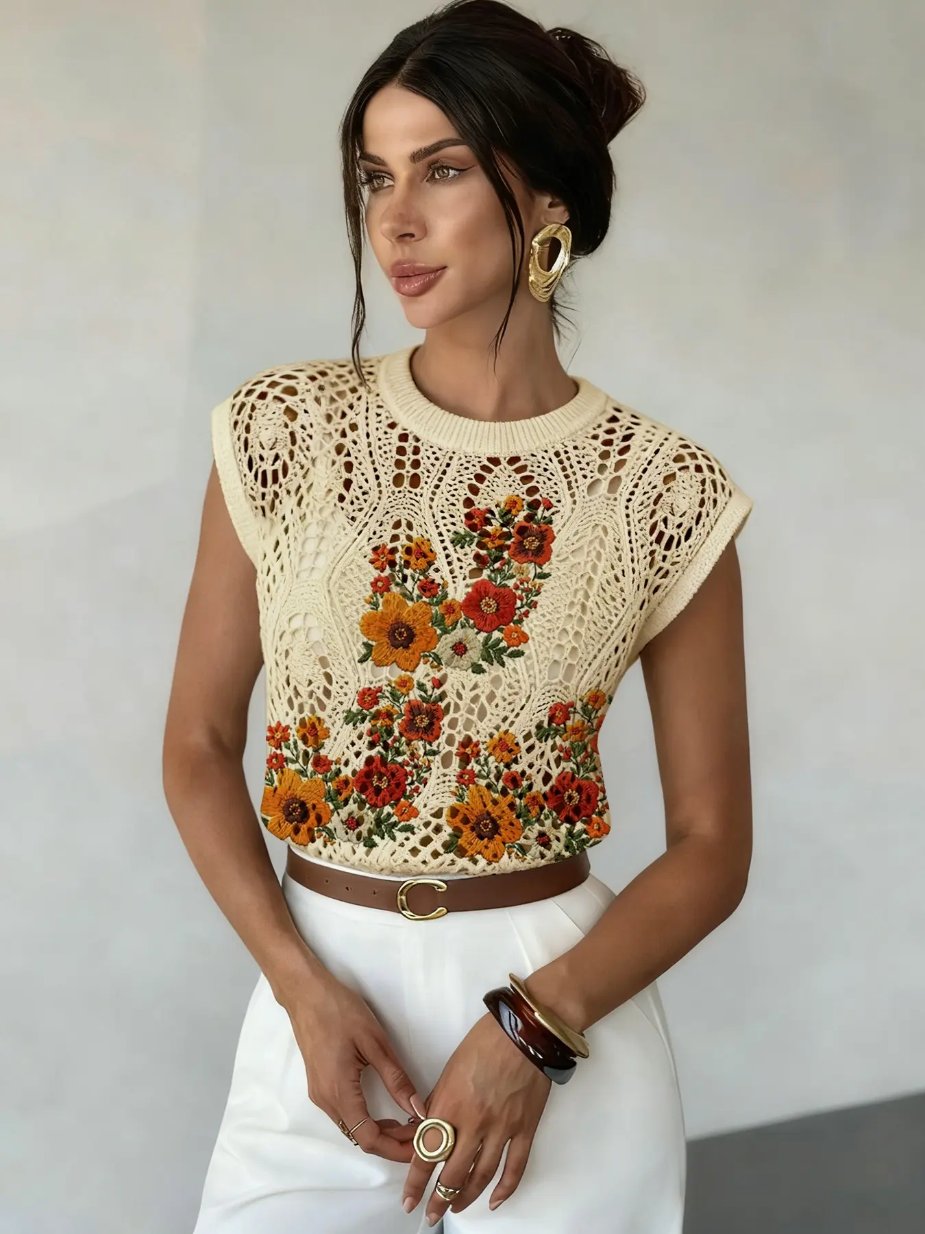 Women's Vintage Elegant Floral Print Hollow Out Round Neck Sleeveless Sweater Vest, Casual Knitwear, Comfortable Versatile Top for All Seasons