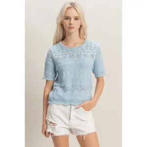 Sweet Pointelle Knit Short Sleeve Top - Ice Blue