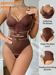 1 Count Women Shapewear Bodysuit Elegant Lace Bodysuit With Adjustable Straps,Insert Lace Bodysuit Yoga High-Stretch Workout Underwear, Tummy Control, Back Button Garter Belt, Bra Steel Bone Support, Elegant Ruffle Design, Suitable For Daily Or Party
