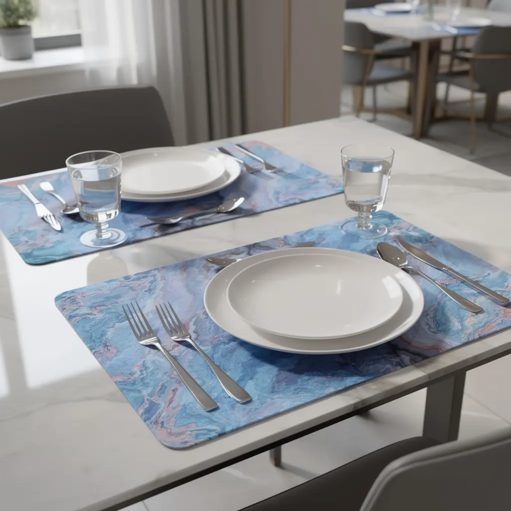 18" Set of Two Blue Abstract Faux Marble Cork Placemats