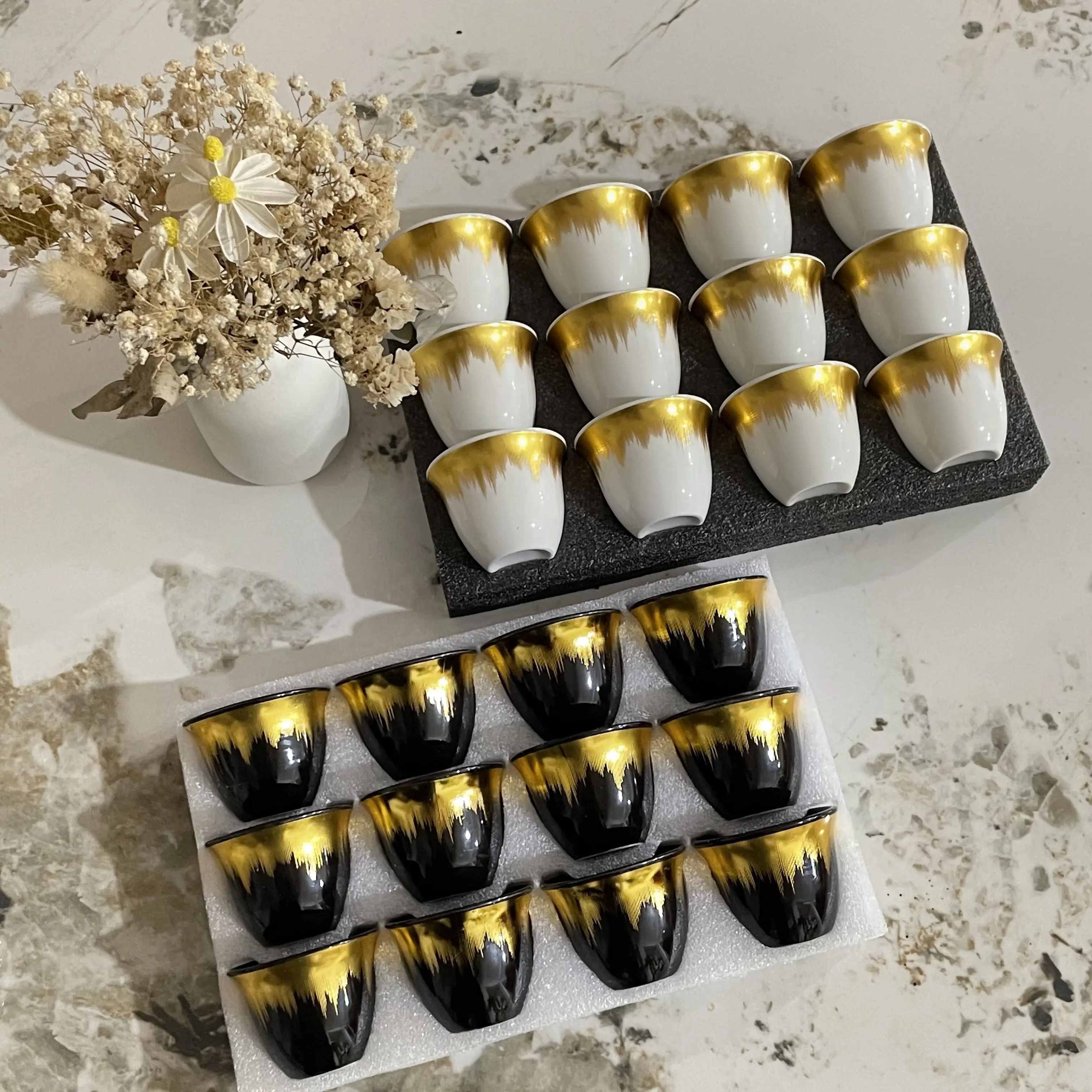 Set of 12 Novelty Ceramic Tea/Coffee Cups, 2.71oz Moonlight Design, Hand Wash Only - Elegant Gift Box Included for Parties and Gatherings