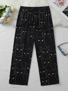 Men's Cat Print Pajama Pants, Casual Home Wear, Polyester Blend, Comfortable Spring & Fall Sleepwear, Long Drawstring Waist