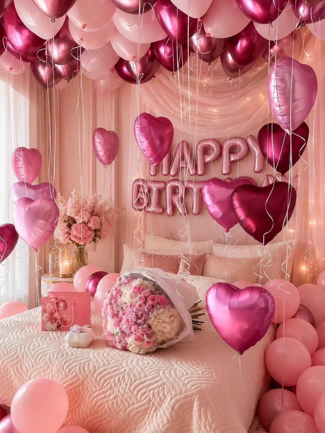 Pink Birthday Balloon Set, Happy Birthday Foil Letter Balloons, Pink Latex Balloons, Metallic Rose Gold Balloons, Heart Foil Balloons, Birthday Party Decoration Kit for Women Girls