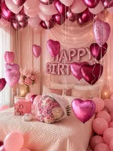 Pink Birthday Balloon Set, Happy Birthday Foil Letter Balloons, Pink Latex Balloons, Metallic Rose Gold Balloons, Heart Foil Balloons, Birthday Party Decoration Kit for Women Girls