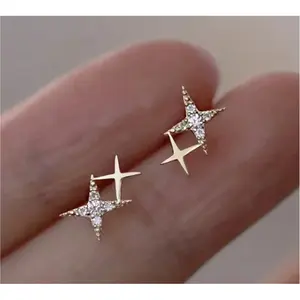 Gold Plated Tiny CZ Stud Earrings 1 Pair Double Star Shaped Inlaid 18k Gold Plated for Women's Engagement, Wedding & Party