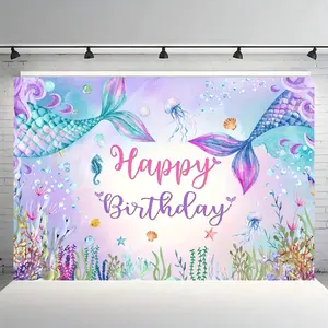 Mermaid Theme Birthday Banner, Polyester Material, Indoor/outdoor Home Decor, Party Decoration, Cake Background, Live Streaming Backdrop