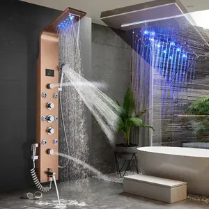 LED Bathroom Shower Panel 6 Modes Intelligent LCD Shower Column Rose Gold Rain Waterfall Bath Systems With Massage Jet Mixer Tap Head Set with Hose and Bracket water softener showerhead drill bathroom shower organizer free wall mountshower organizer