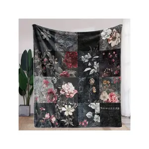 [1pc Vintage Floral Blanket] 1pc Vintage Floral Patchwork Blanket - Soft 100% Polyester Flannel, 250-300gsm All-Season Cozy Throw For Sofa Bed Car Camping Office, Mixed Colors Retro Design, Machine Washable Gift-30*40in