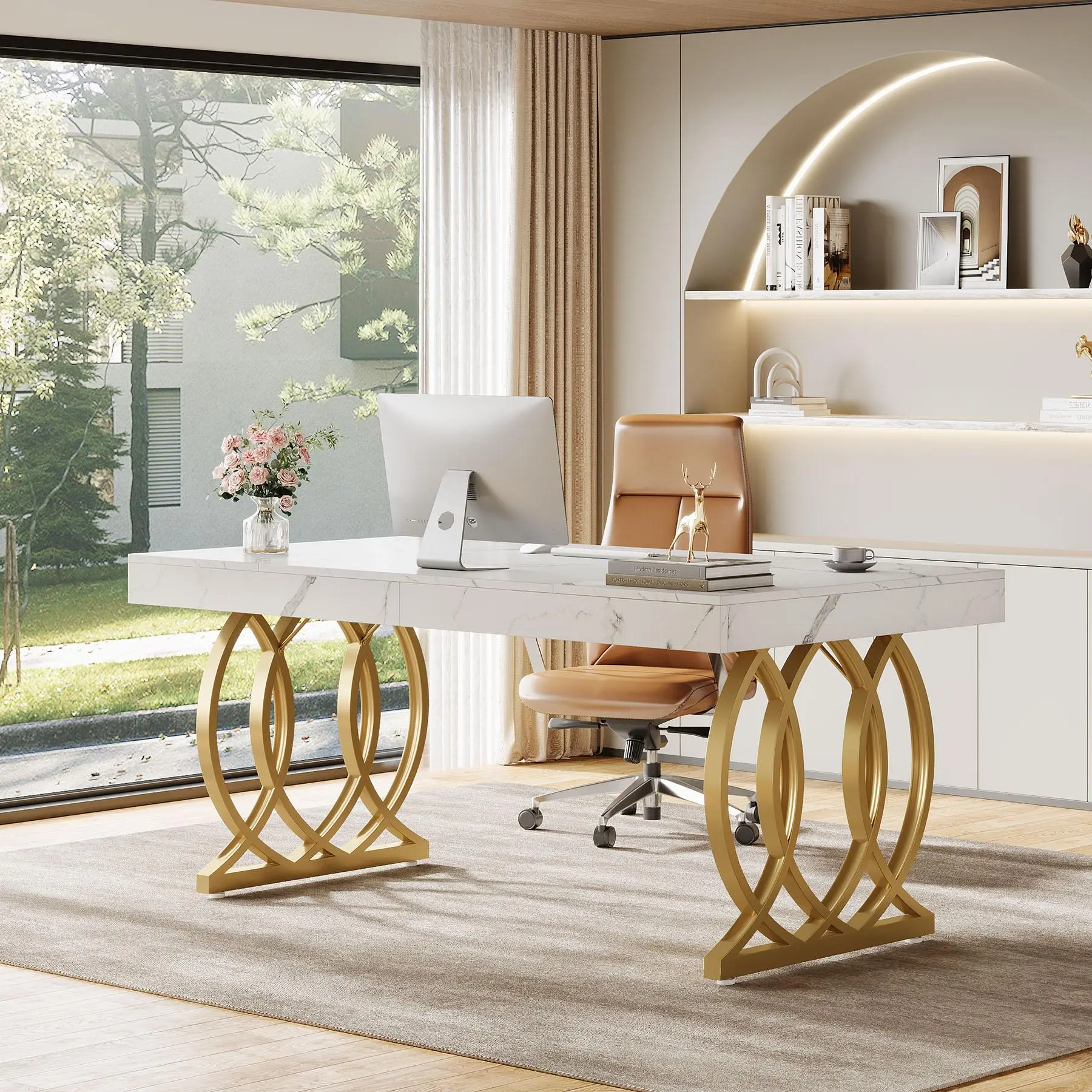 TRIBEWOOD 63-Inch Adjustable Modern Executive Office Desk - Premium MDF & Gold Metal Legs, Heat-Resistant Faux Marble Finish Rectangular Computer Workstation for Home Office (Hassle-Free Setup, Assembly Required)