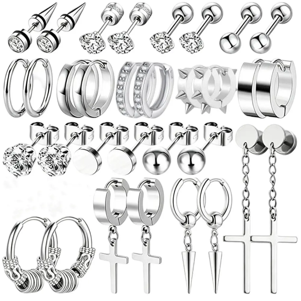 16 Pairs Earrings for Men, Stainless Steel Earrings For Men Sensitive Skin, Fashion Earring Piercing Jewelry Cross Dangle Hoop Earrings Kit Studs Long-lasting Shine