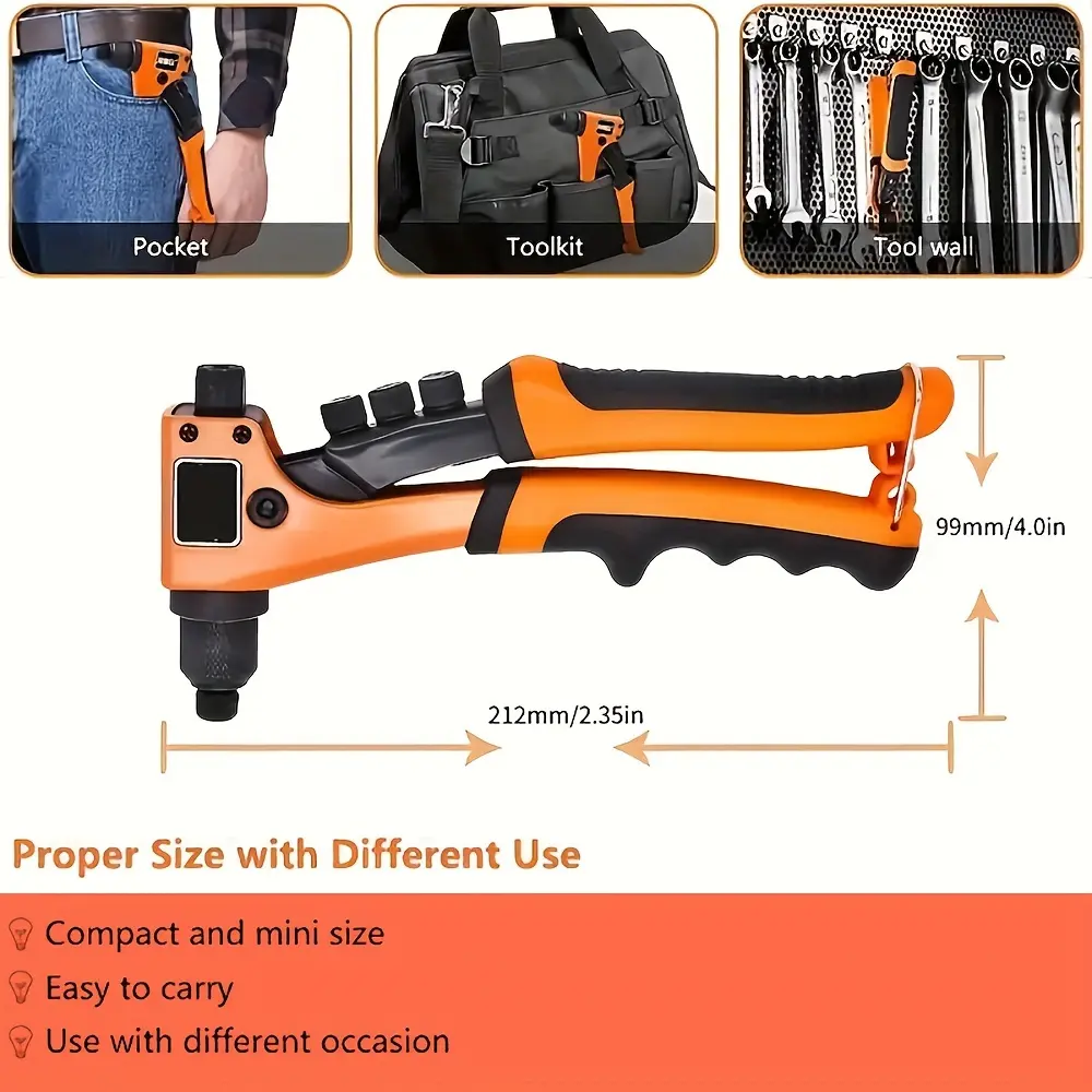 Manual Rivet Gun Kit with 80 Rivets and 4 Interchangeable Rivet Heads, Heavy Duty Portable Riveting Tool, Ideal for Automotive, Industrial, Metal, Plastic and Leather Repair Projects