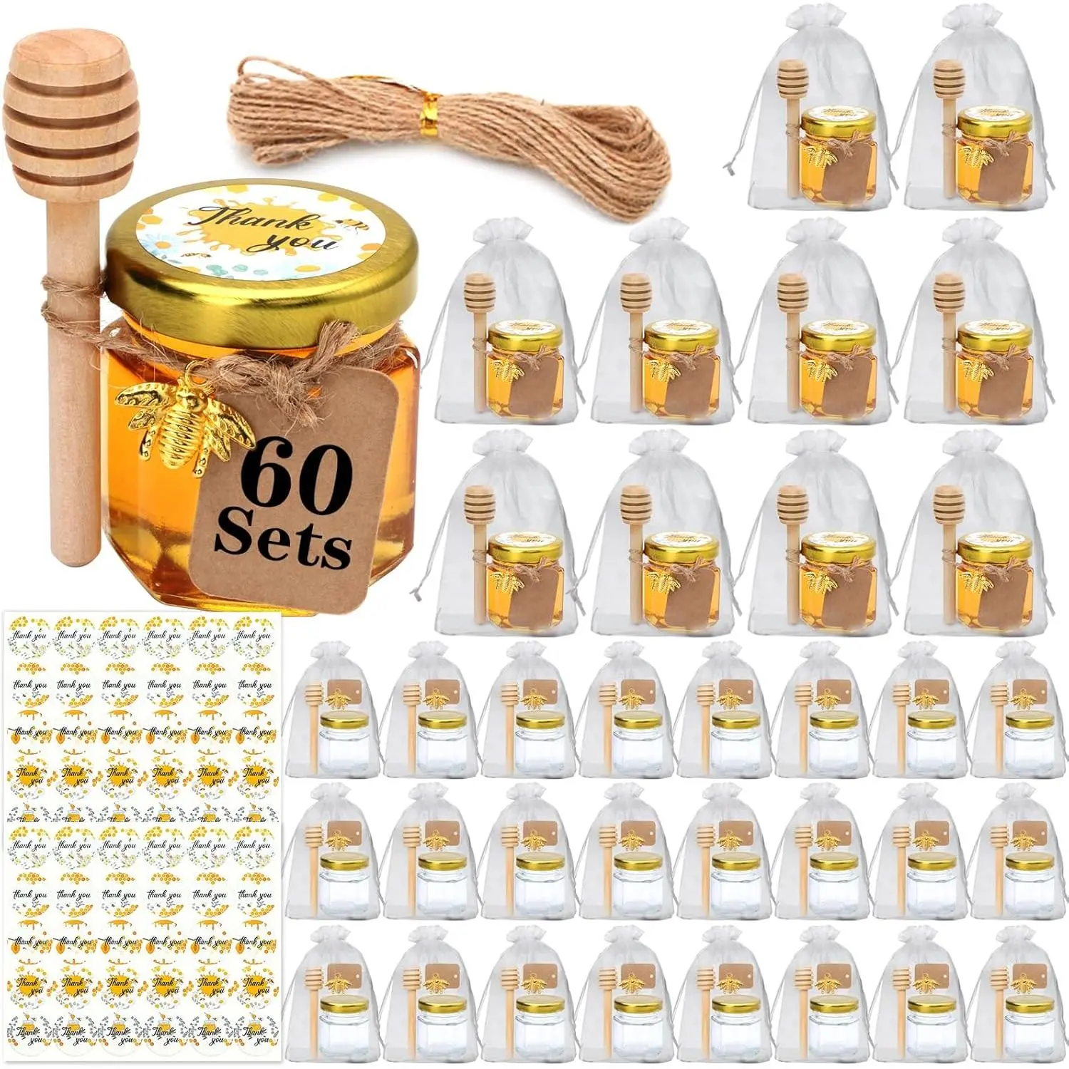 60 Pack 1.5 oz Mini Honey Jars, Baby Shower Gifts, Includes Honey Sticks, Bee Pendants, Stickers, and Gold Gift Bags, Suitable for Wedding Party Favors