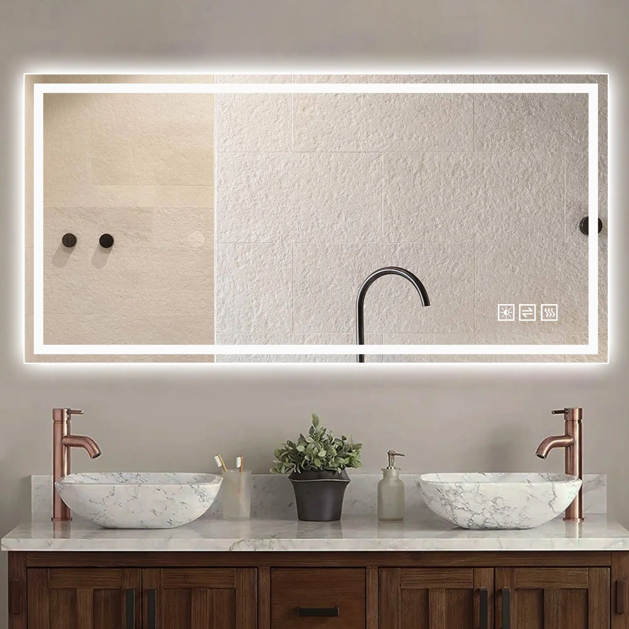48x24 in Tempered Glass Geometric Rectangle Bathroom Mirror, Modern Straight-Edged Anti-Fog & Anti-Corrosion Humid Safe LED Mirror, 3-Color Dimmable Lighting, Horizontal/Vertical Wall Mount, Pristine Appearance