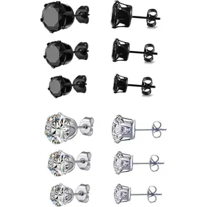 6 Pair titanium and Stainless Steel Mens Womens Stud Earrings Set Black and Clear Round Cubic Zirconia Inlaid Pierced Hypoallergenic 3-5mm(12countS,3 Pairs Black,3 Pairs Clear)