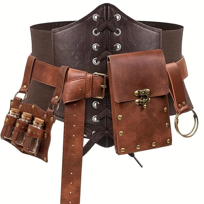 5pcs Renaissance Costume Set: PU Leather Belt, Corset, Potion Bottle, Sword Sheath & Hook - Perfect for Medieval Festivals & Halloween Cosplay Menswear Clothes Brown Bestie Masculine Beige Plain Tropical