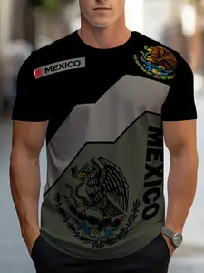 26 Latest Men's Mexican Flag T-shirt with National Emblem, full-body cactus and pine tree print, lightweight polyester summer shirt, casual wear (black/gray), durable and suitable for everyday wear, home, or restaurant use, breathable perforated fabric.