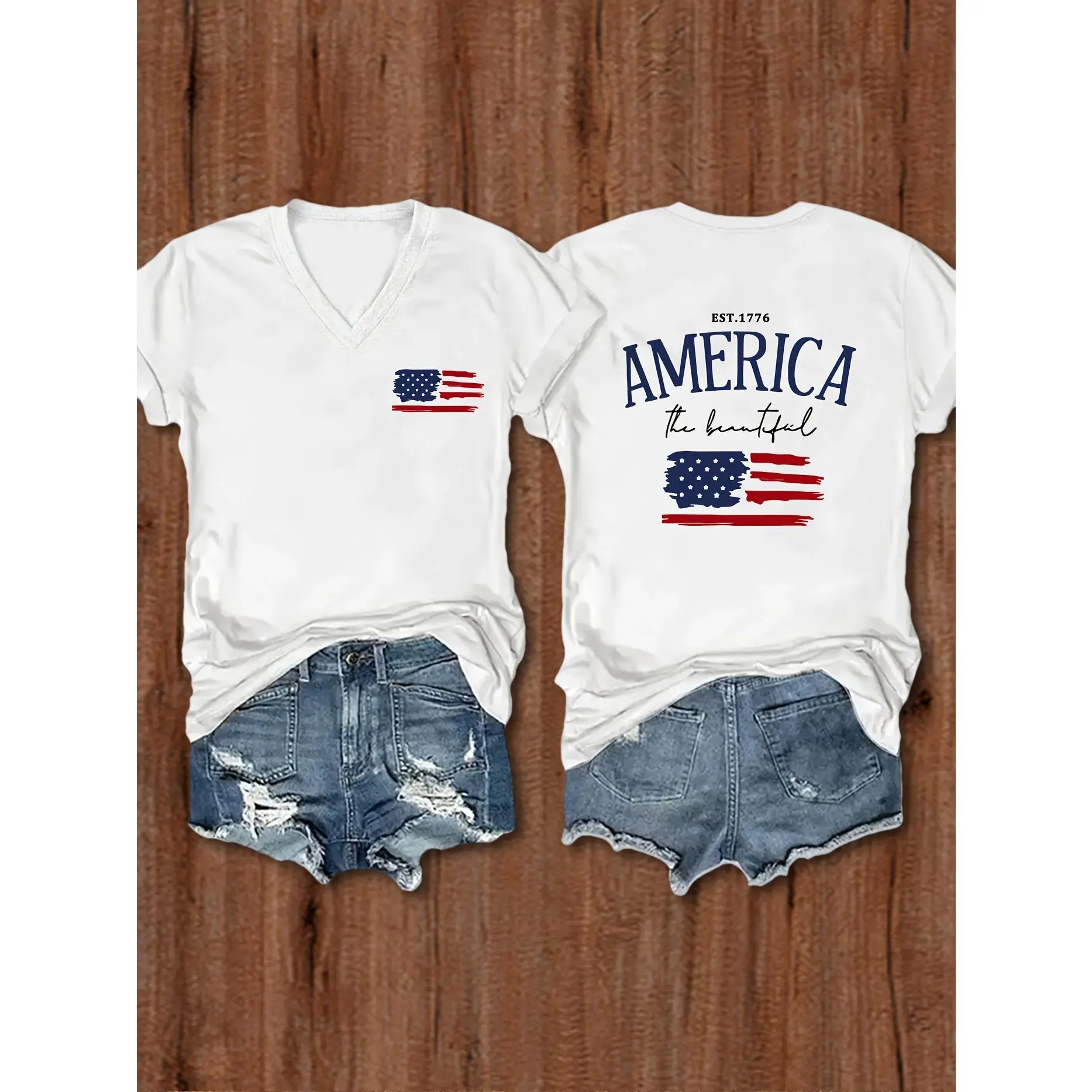 [Women's Printed V-neck Top] Fashion Short Sleeve V-neck Letter Theme Printed Top for Women