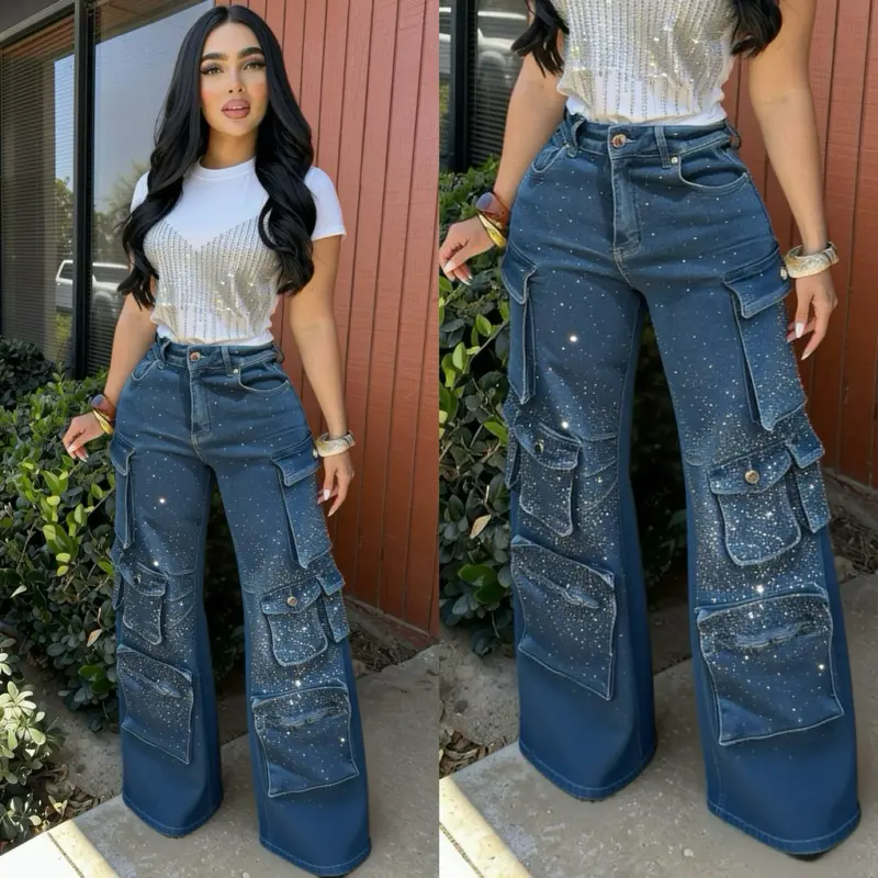 Karla Cargo Jeans with Rhinestone Details- Womenswear