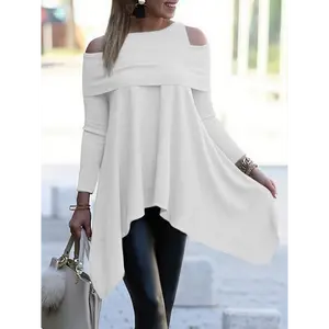 [Asymmetrical Cold Shoulder Tunics] Cold Shoulder Asymmetrical Tunics, Casual Crew Neck Ruched Solid Tunics, Women's Clothing summer outfits White Collar