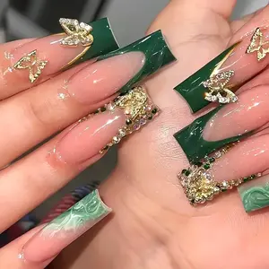 Long Square Press on Nails Green French Tip Fake Nails Gold Glitter with Gold 3D Butterfly Designs Long Square Glue on Nails Sparkly Artificial Cute Stick on for Women