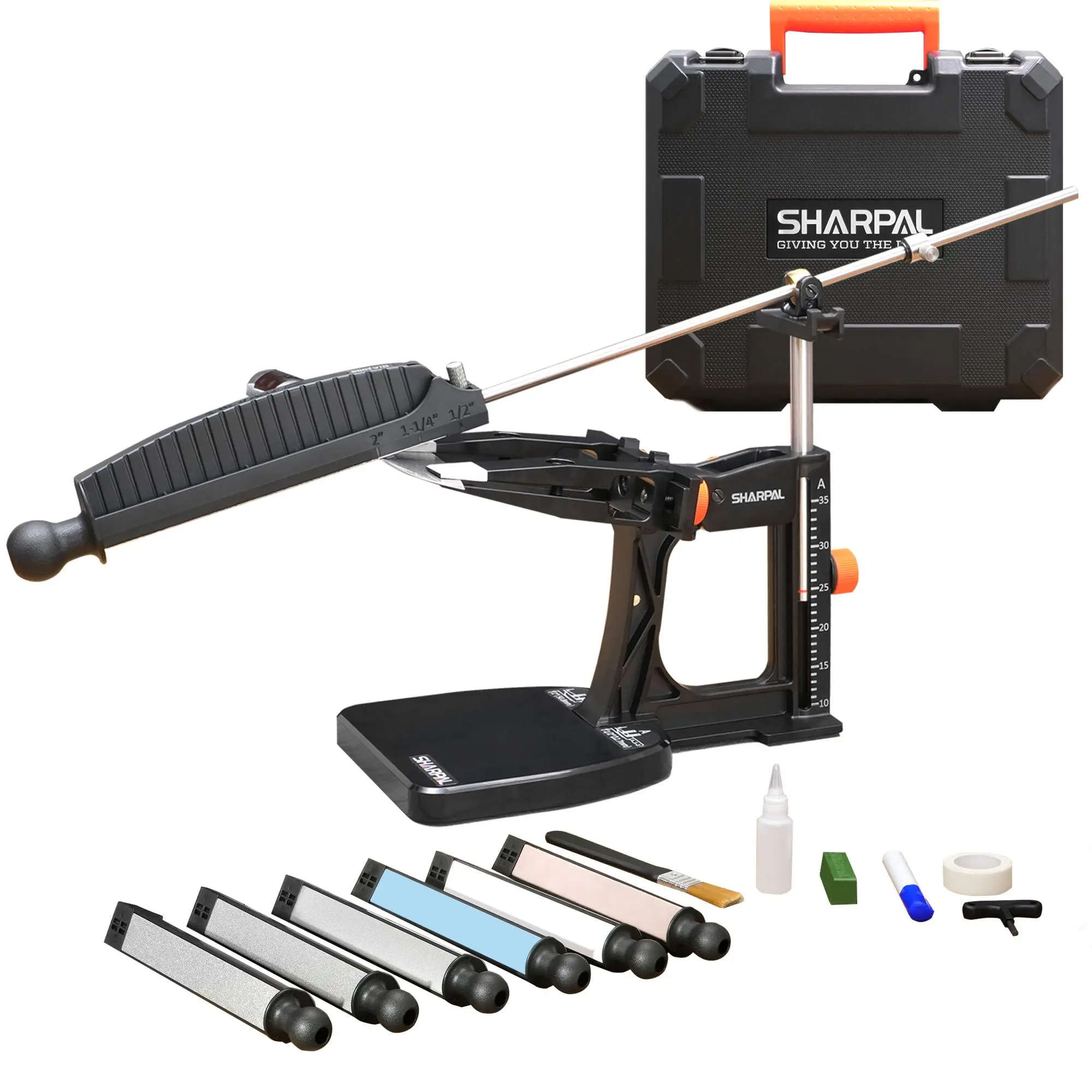 SHARPAL 202H Precision Knife Sharpening System–Adjustable Angle 10–35° Knife Sharpener Kit with 7 Abrasives (Diamond 220/325/600/1000, Whetstone 3000/6000, Leather Strop)