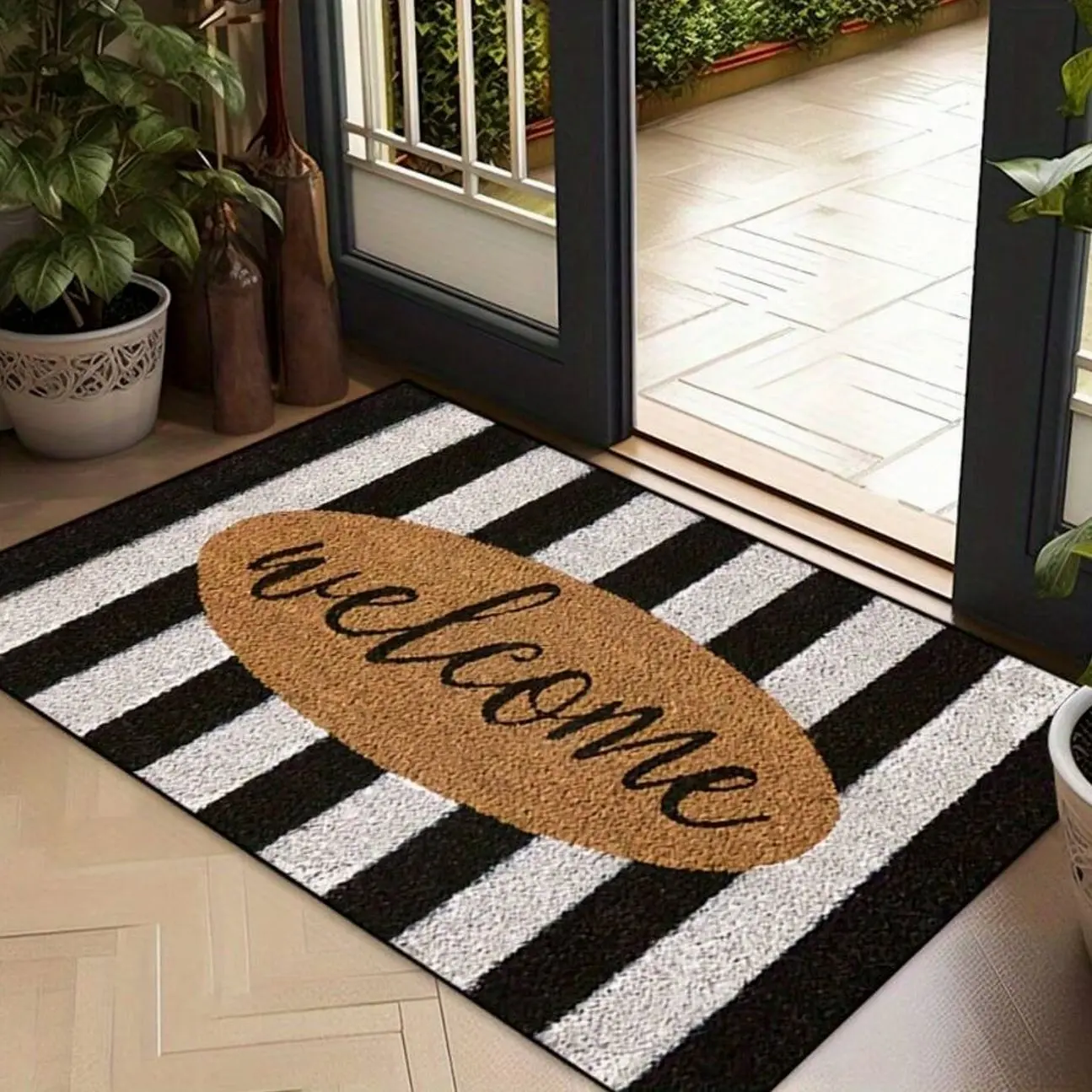1pc 16"*24"18"*30" Non-Slip Welcome Doormat With Rubber Backing - Machine Washable Polyester Entry Mat, Grey Black Vertical Stripes & Oval Brown Welcome Sign For Indoor/Outdoor Use In Entryway, Living Room, Patio, Kitchen, Bathroom